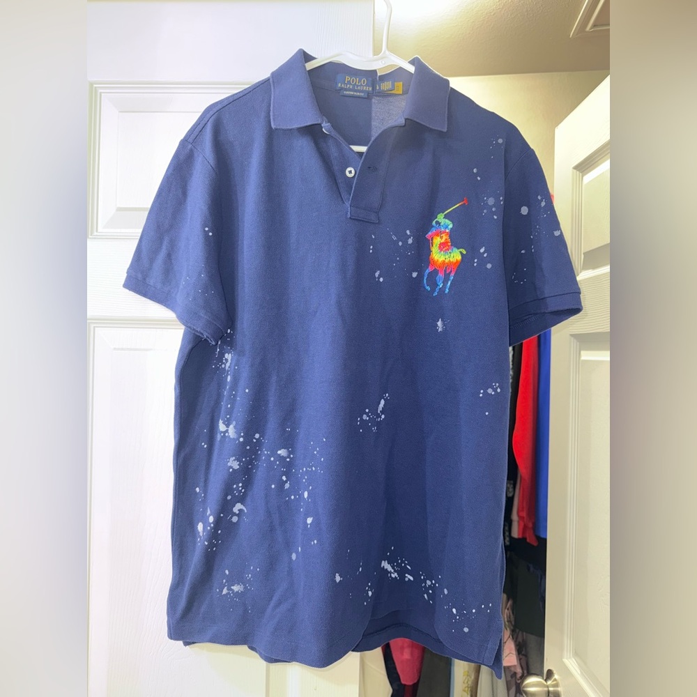 Polo Ralph Lauren Mens M Slim Fit RAINBOW BIG PONY Pride Paint Splatter Blue